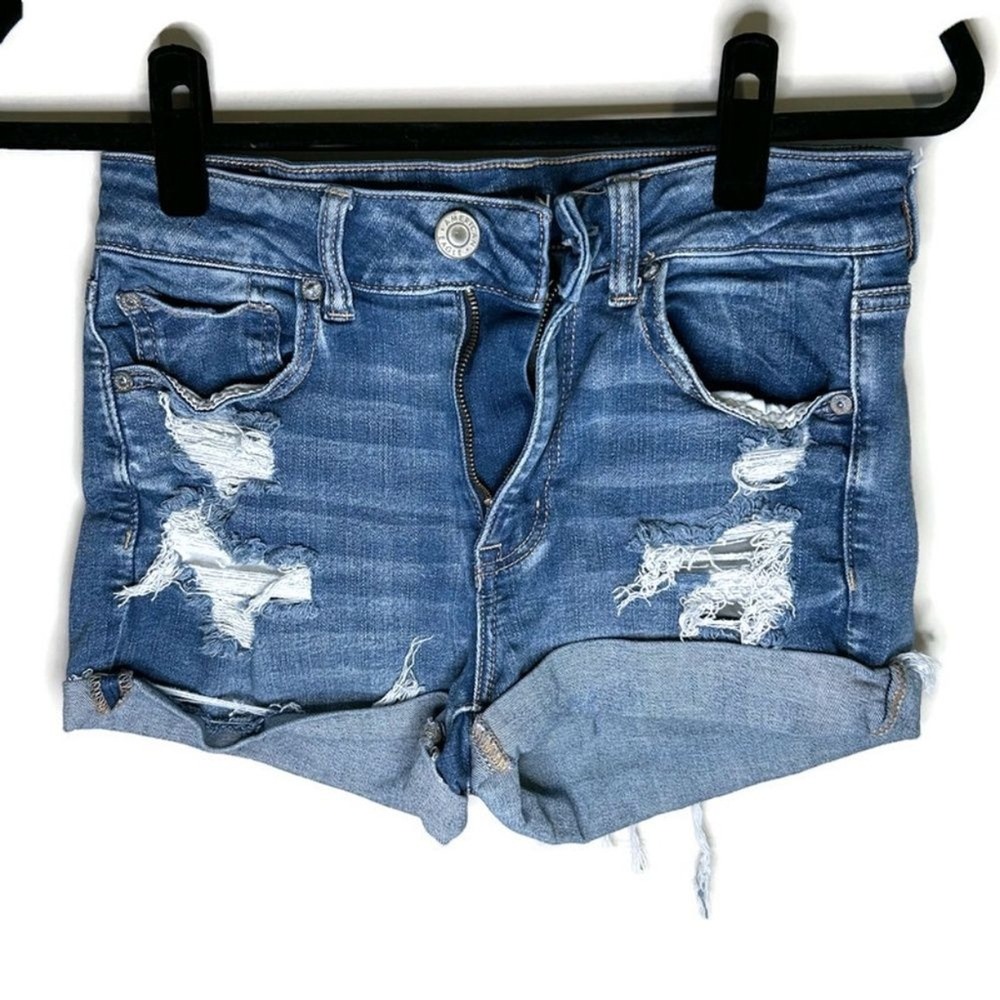 American Eagle Womens Next Level Stretch Distressed Denim Shorts Medium Wash 8